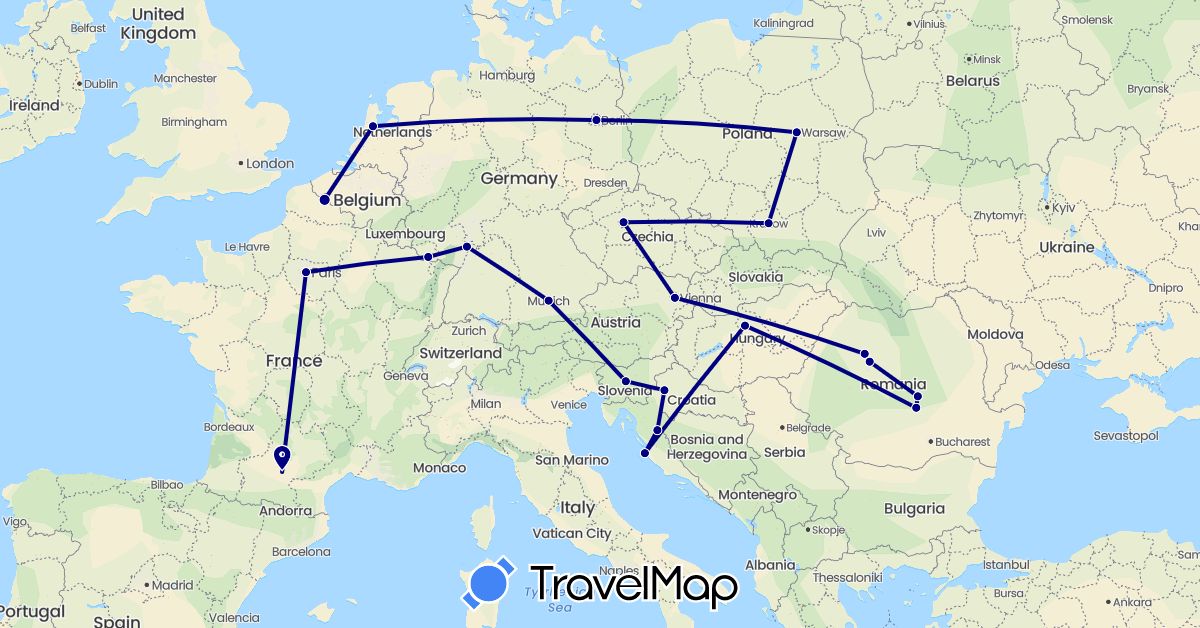 TravelMap itinerary: driving in Austria, Czech Republic, Germany, France, Croatia, Hungary, Netherlands, Poland, Romania, Slovenia (Europe)